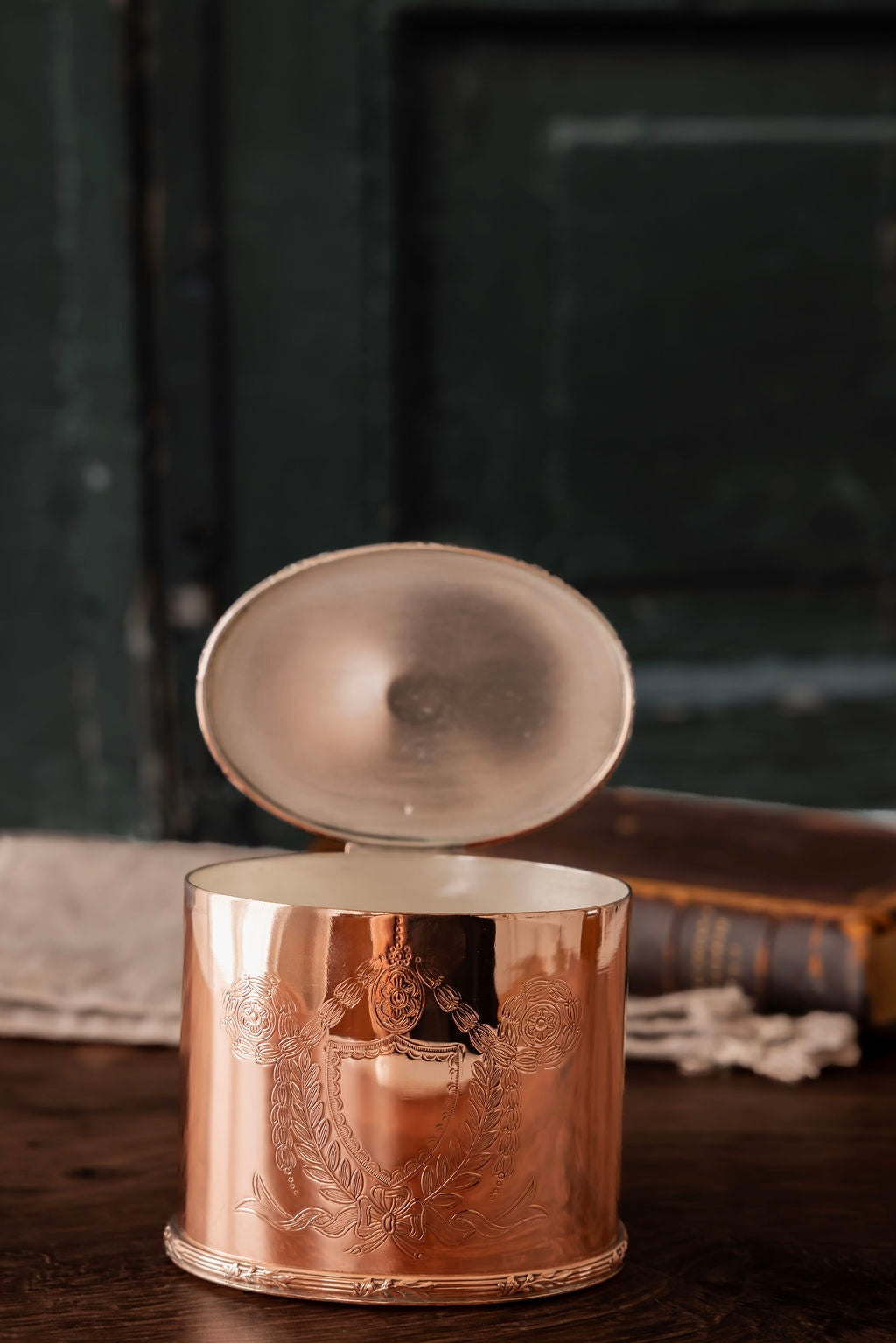 Antique English Oval Copper Tea Caddy | Early 20th Century | Silver-Lined |Engraved
