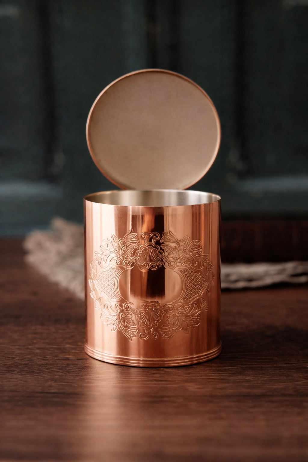 Antique English Round Copper Tea Caddy | Early 20th Century | Silver-Lined | Engraved