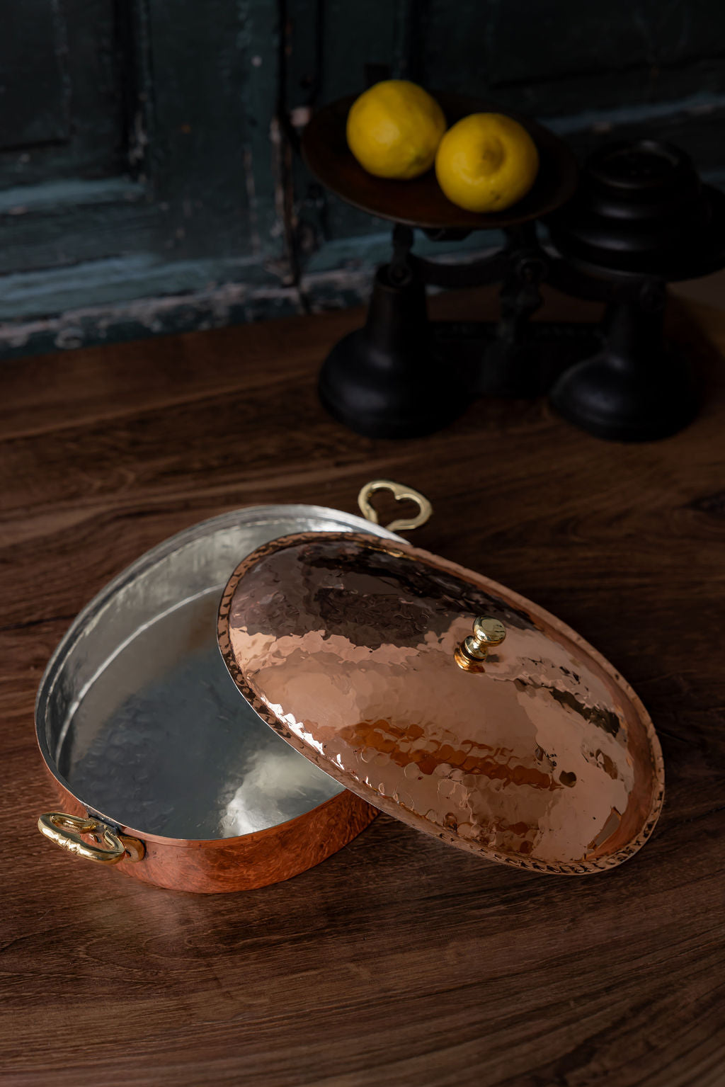Antique French Copper Oven Baking Dish with Dome Lid & Brass Handles, c.1880