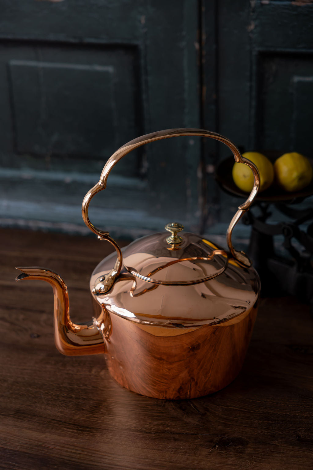 Antique English Tall Round Copper Kettle with Forged Brass Handle