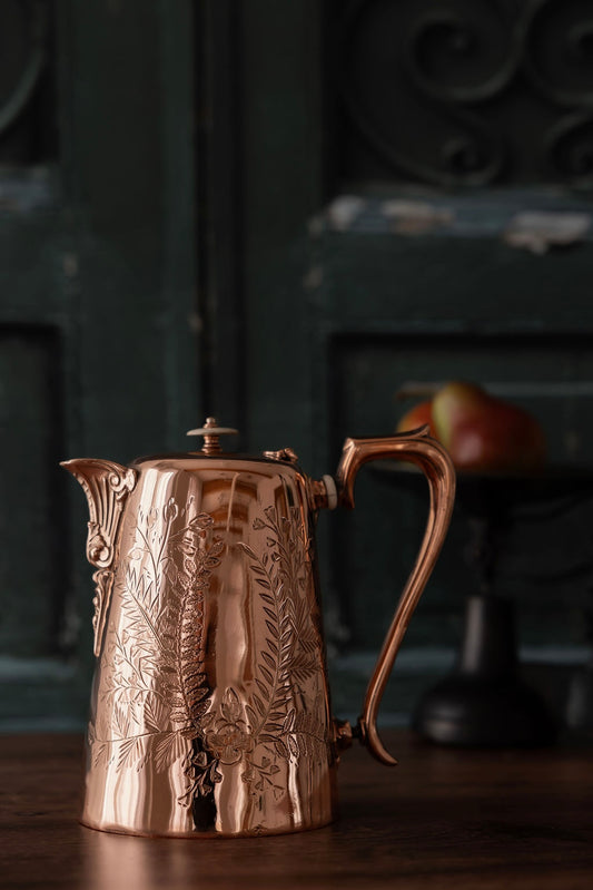 Antique Tall Victorian Engraved Copper Coffee Pot / Teapot | Silver-Lined | Circa 1890–1910