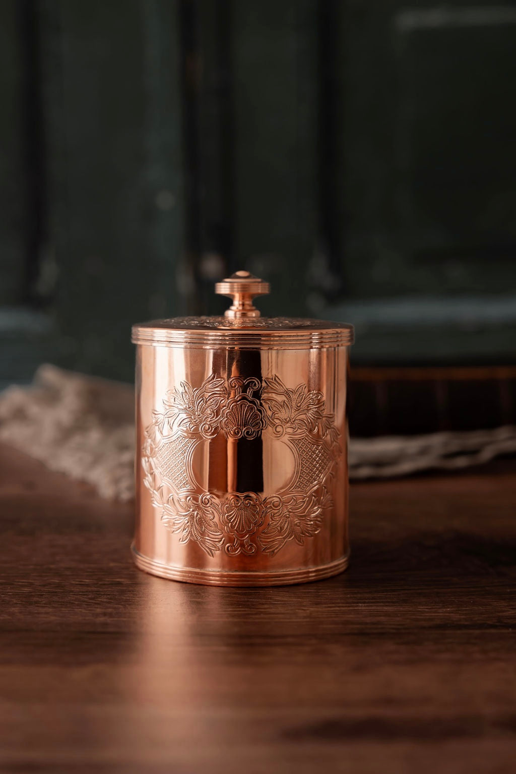 Antique English Round Copper Tea Caddy | Early 20th Century | Silver-Lined | Engraved