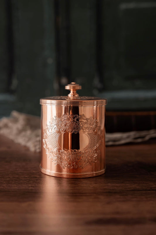 Antique English Round Copper Tea Caddy | Early 20th Century | Silver-Lined | Engraved