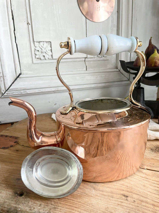 Antique English Tea Kettle W/ Porcelain Handle, C.1850