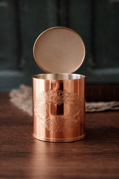Antique English Round Copper Tea Caddy | Early 20th Century | Silver-Lined | Engraved