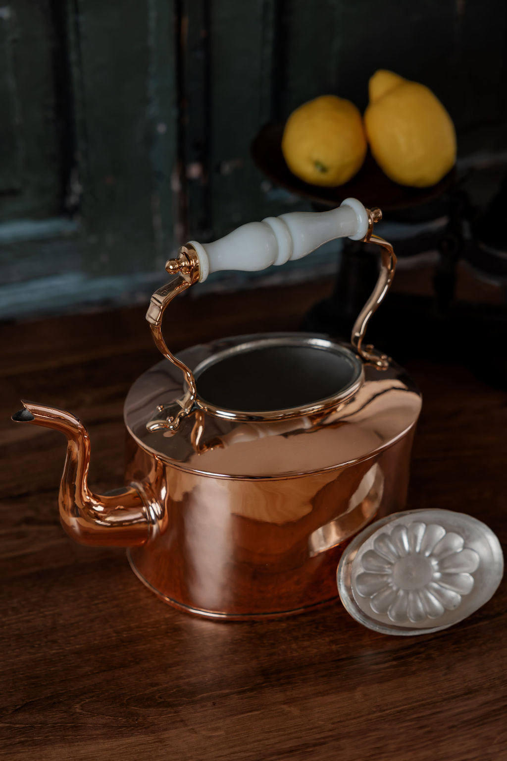 Antique English Copper Tea Kettle with Embossed Lid — C.1800