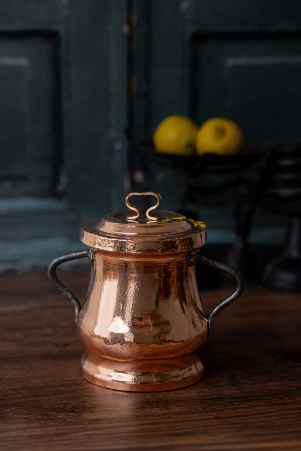 Antique French Copper Canister with Hand-Forged Iron Handles & Hammered Finish, c.1880