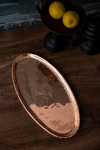 Antique English Copper Tray by Hugh Wallis with Etched Floral Motif, c.1880