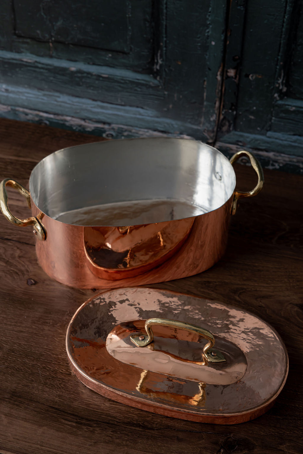 Antique French Copper Daubière with Hand-Forged Brass Handles, c