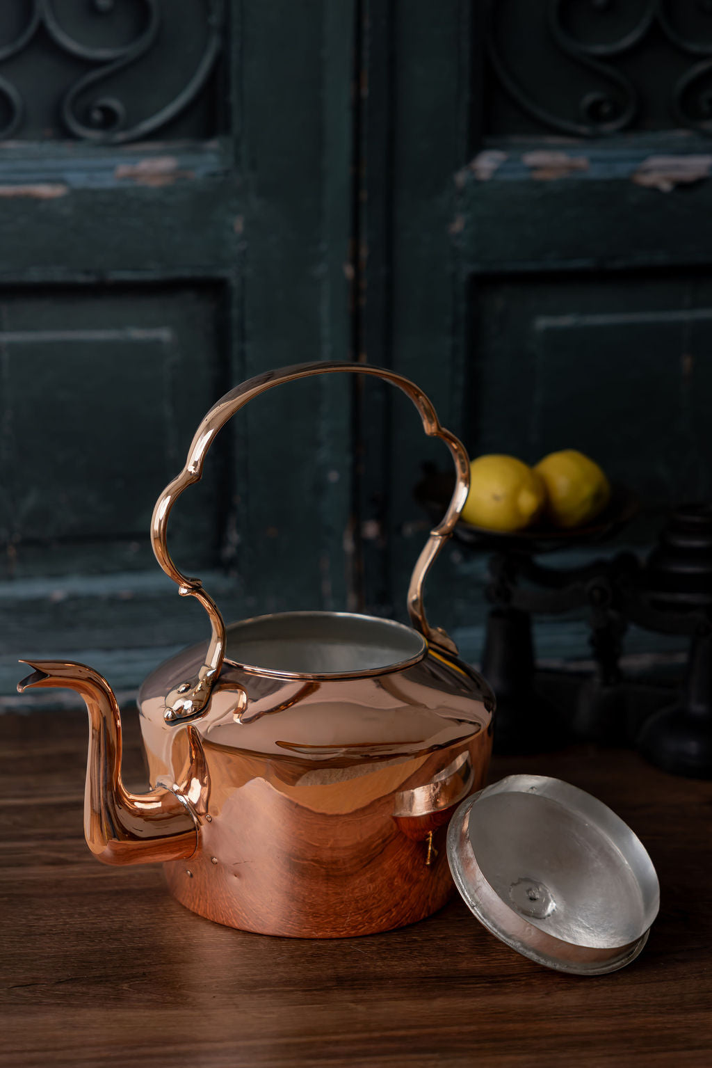 Antique English Tall Round Copper Kettle with Forged Brass Handle