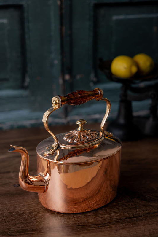 Antique English Oval Copper Teapot with Amber Glass Handle – Temple & Crook, c.1850