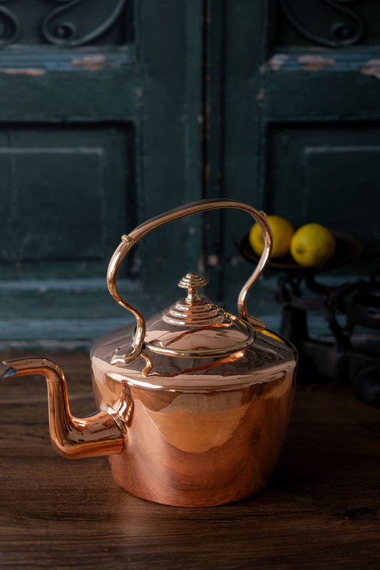 Antique English Copper Round Kettle with Gooseneck & Brass Handle, c.1850