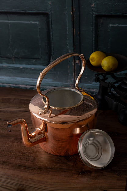 Antique English Copper Round Kettle with Gooseneck & Brass Handle, c.1850