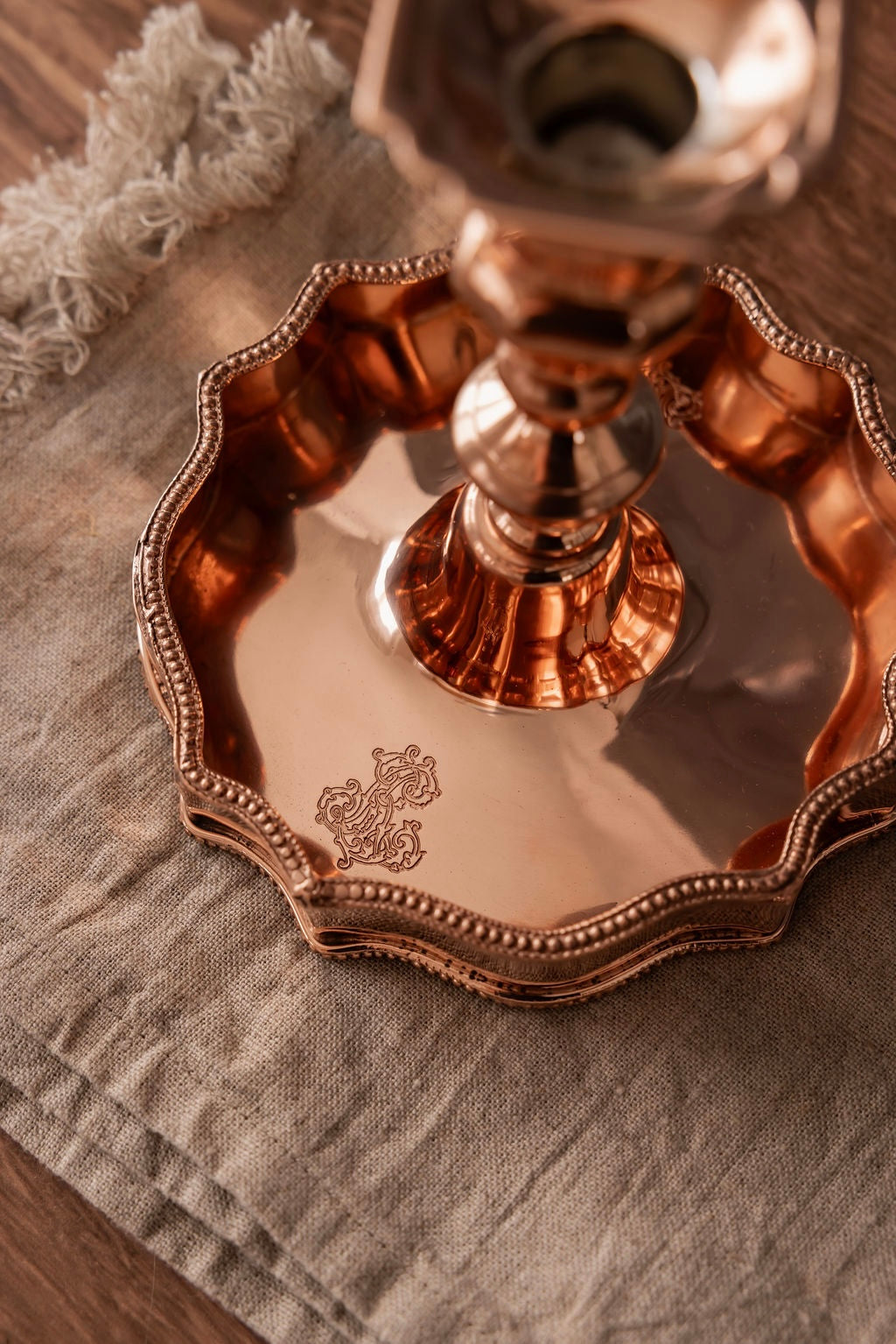 Antique English Copper Candle Stand | Monogrammed | Early 20th Century