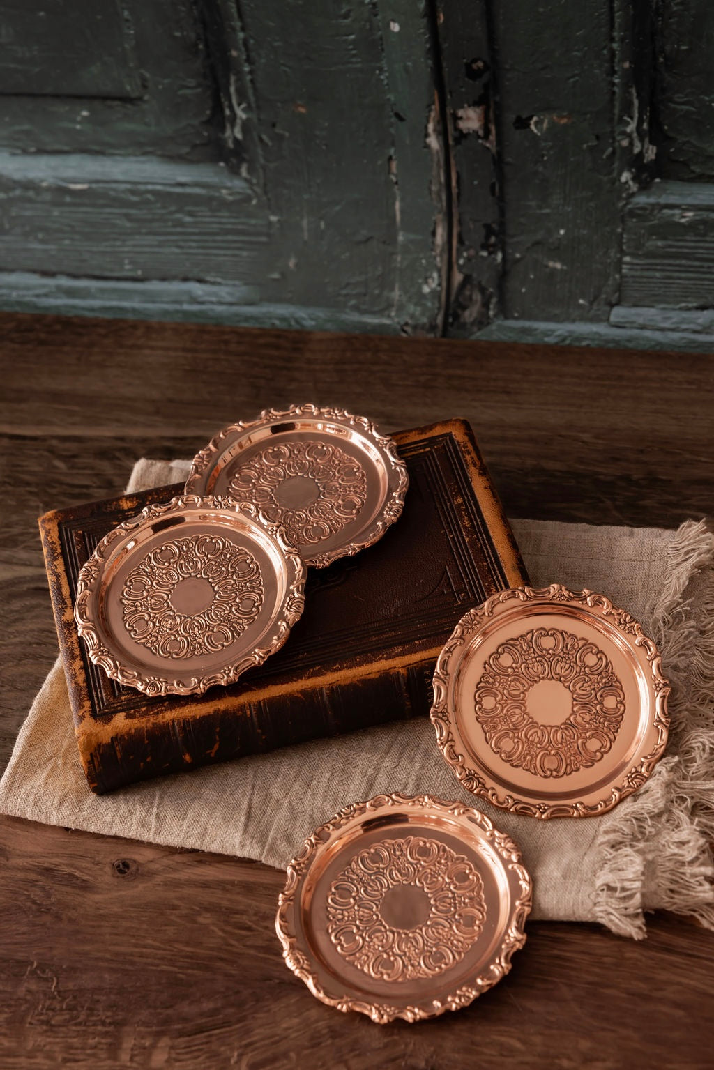 Vintage Embossed Copper Coasters, Set of Four | Early 20th Century
