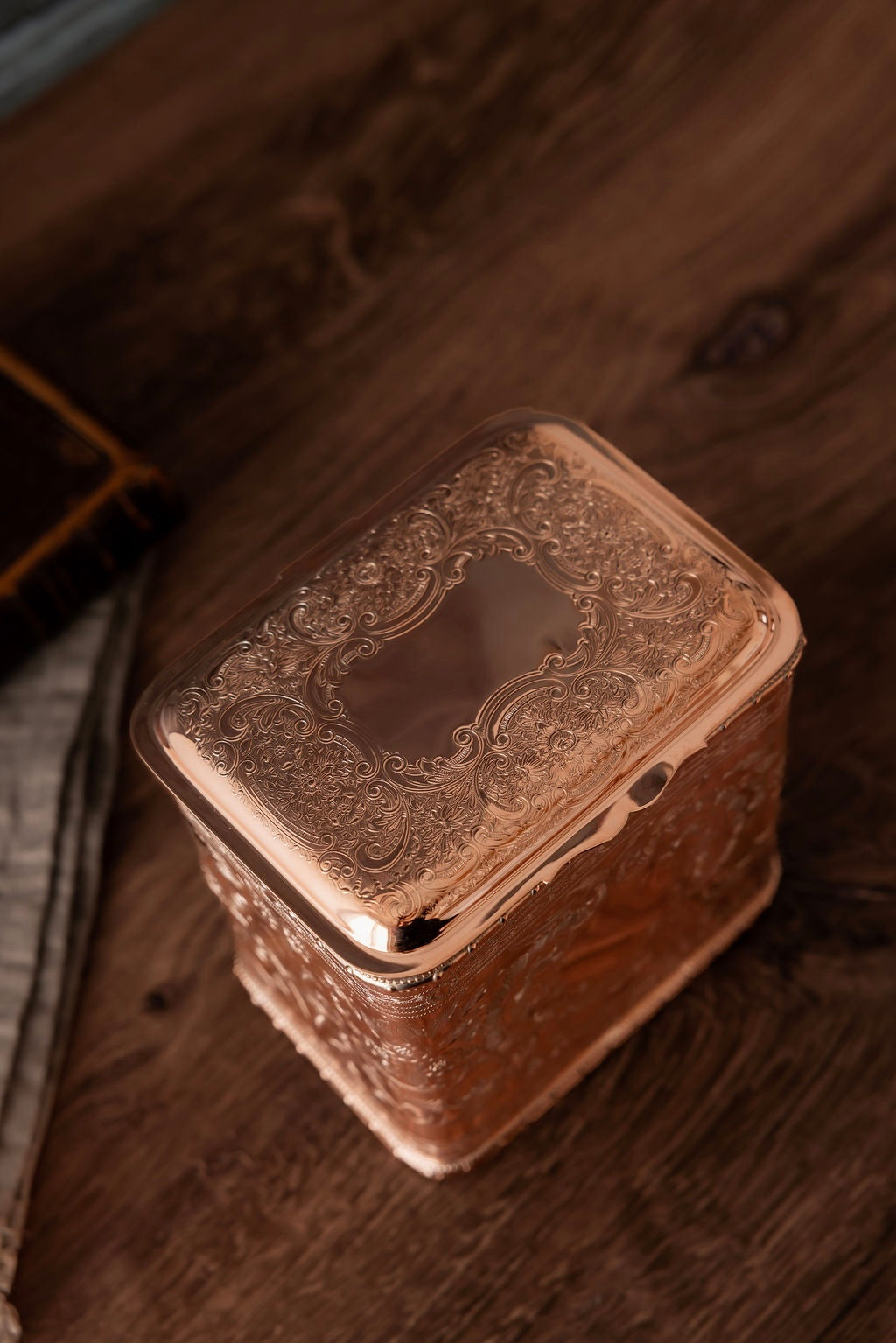 Antique Chased Copper Biscuit Box | Silver-Lined |5.5”Circa 1890–1910