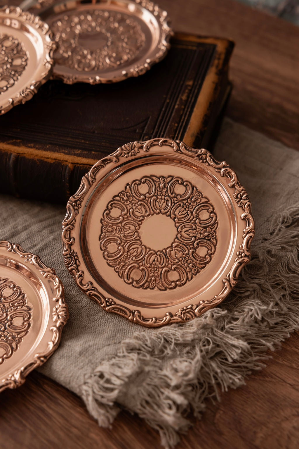 Vintage Embossed Copper Coasters, Set of Four | Early 20th Century