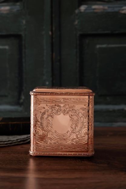 Antique Chased Copper Biscuit Box | Silver-Lined |5.5”Circa 1890–1910